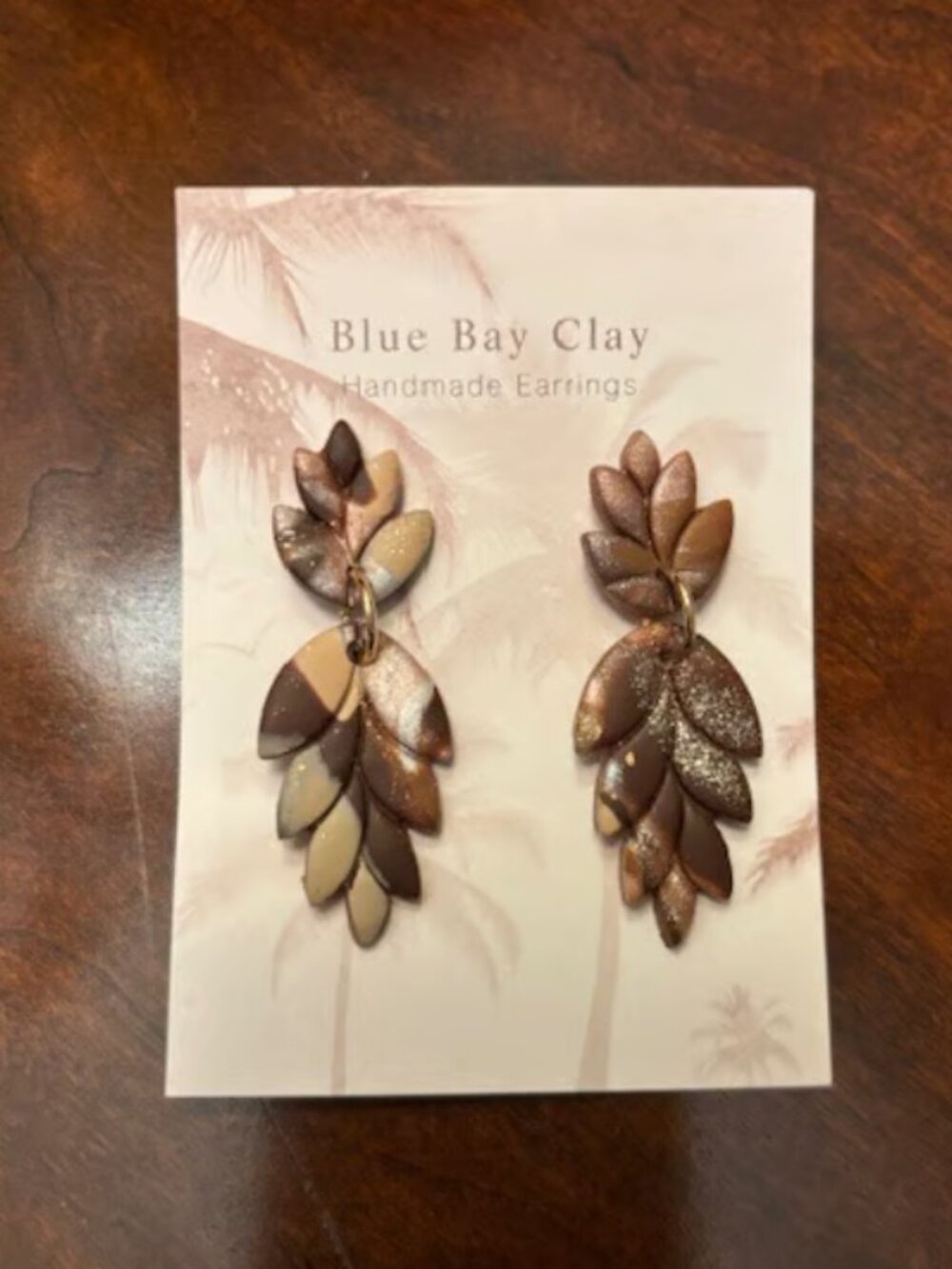 Brown Marble Sparkle Polymer Clay Leaf Earrings